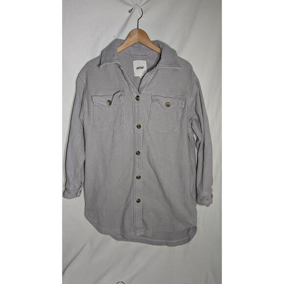 AERIE womens Oversized Long Flannel Shacket Size Medium Light Gray button down - Picture 1 of 8